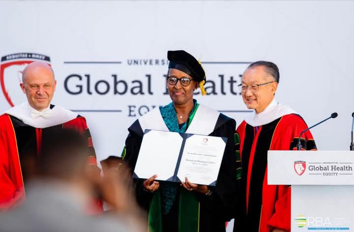 Madam Jeannette Kagame was awarded an Honorary Doctorate for her remarkable commitment to advancing healthcare, education, and the pursuit of ensuring that these services reach everyone without leaving anyone behind