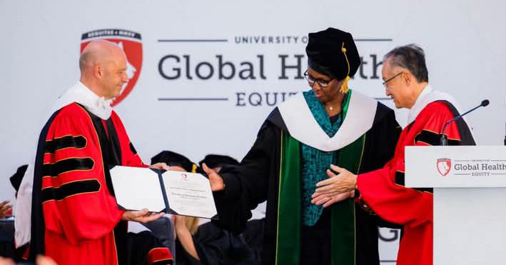 Madam Jeannette Kagame was awarded an Honorary Doctorate for her remarkable commitment to advancing healthcare, education, and the pursuit of ensuring that these services reach everyone without leaving anyone behind