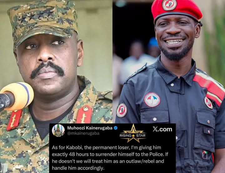 Umugaba Mukuru w’Ingabo za Uganda, Gen Muhoozi Kainerugaba yahaye Robert Kyagulanyi Ssentamu uwari ahanganye na museveni Ari nawe se wa gen muhoozi mumatora y'umukuru w'igihugu  amasaha 48 yo kuba yishyikirije polisi bitaba ibyo agahigwa nk'igisambo 