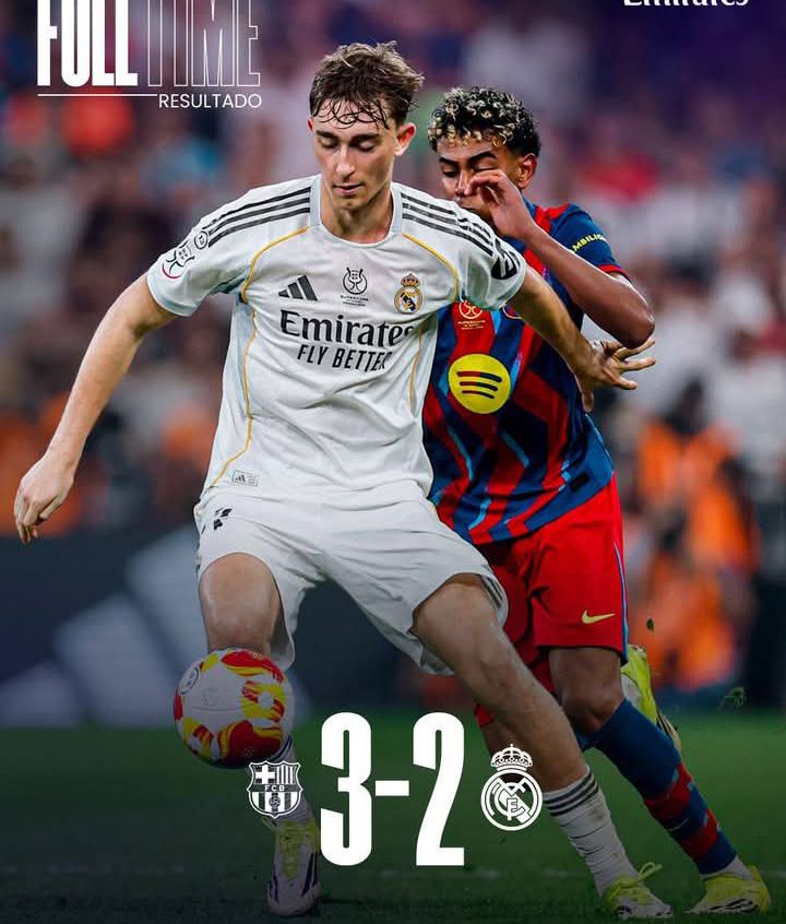 Fc Barcelona yatsinze real Madrid ibitego 3_2 (bitatu kuri bibiriya) Umukino wabaye tariki ya 11 /1/ 2026 bituma fc Barcelona yegukana igikombe cya 16 cya super cup  mugihe real Madrid yo ifite ibikombe 13 BYA super cup 